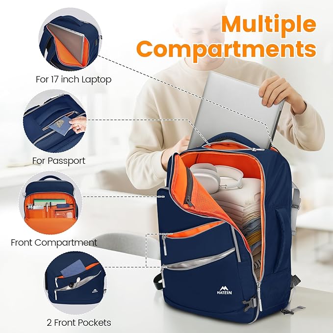 MATEIN Spirit Airlines Personal Item Bag 18x14x8 for Men & Women, 17 inch Travel Laptop Backpack with Shoe Compartment Detachable, Under Seat Carry on Bag for Flight Essentials with Tech Organizer