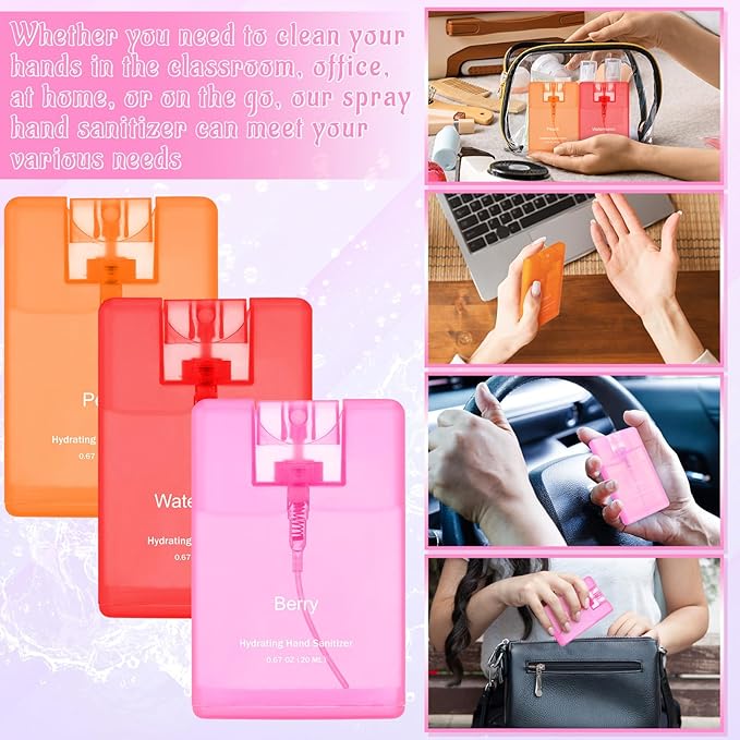 Set of 3 Power Mist Hydrating Hand Sanitizer Spray Bulk Travel Size Portable Hand Sanitizer 0.67 Fl. oz Compact Card Spray Bottle Watermelon Peach Berry Scent for Pocket Bag Purse Car Backpack