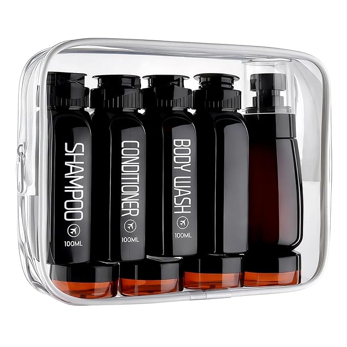 Cosywell Travel Bottles for Toiletries 10PCS 100ml/3.4oz Pre-Printed Shampoo, Conditioner & Body Wash TSA Approved 2oz Spray Bottle Leakproof 0.35oz Plastic Cream Jars Refillable Cream Lotion(Black)