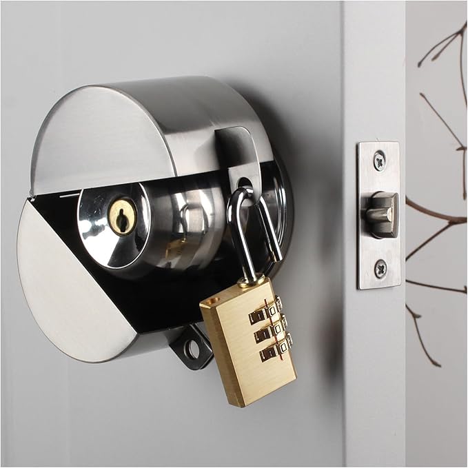 Door Knob With Lock,Without Drilling ,Dementia Door handle lock，From Outside Prevents Turning of Door Knob and Access to Keyhole,for Apartment Evictions，Childproof (Stainless steel with padlock)