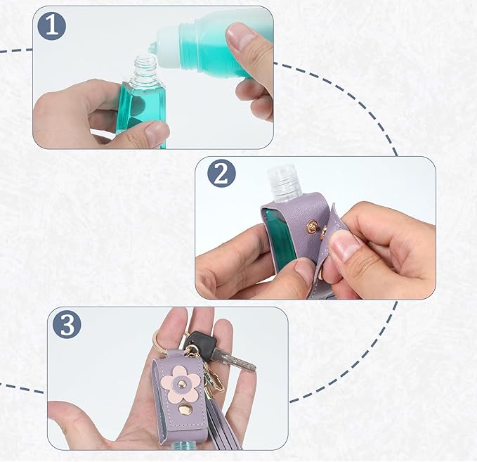 4Pcs Portable Empty Bottle Keychain, 1oz/30ml PU Leather Handwashing Fluid Holder, Refillable Plastic Bottles Travel Holder for Toiletry Lotion Liquid Soap Shampoo
