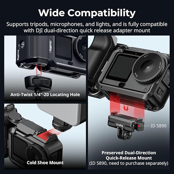 SMALLRIG Handle Grip Kit for DJI Osmo Action 6 with Metal Cage, Street Photography Grip for DJI, Action 6 Cage with Shutter Button, Cold Shoe, Wrist Strap, Lens Cover, 1/4 Threaded Hole - 6037