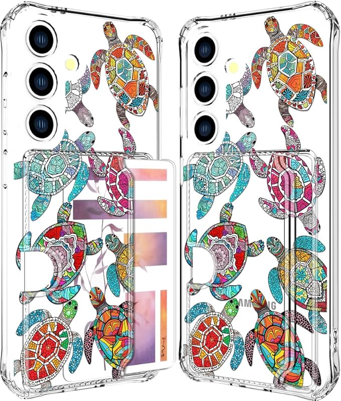 Compatible with Samsung Galaxy S24 / S25 Case Card Holder for Women Cute Design,Wallet Phone Cases Transparent Cool Kawaii Protective (Clear Sea Turtles Animal Tribal)