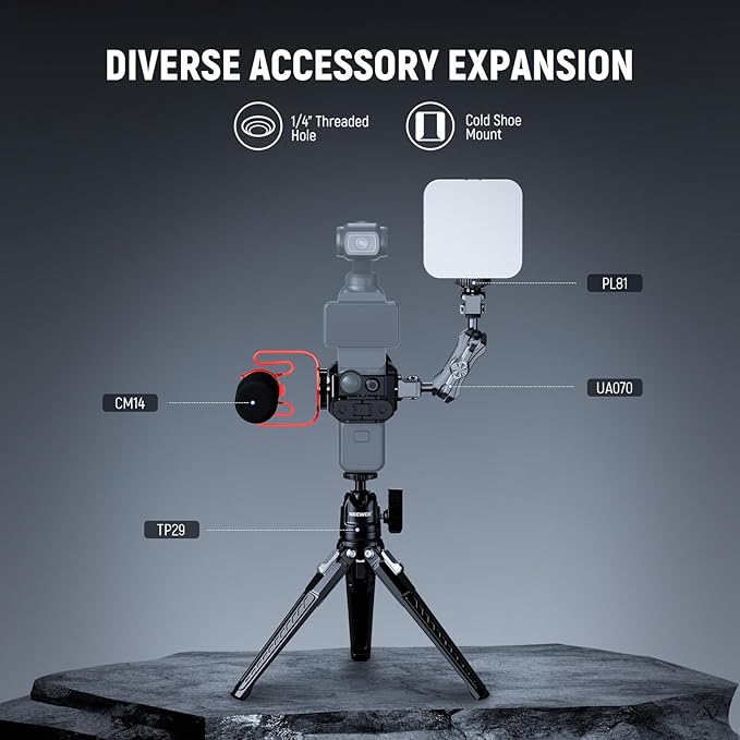 NEEWER Pocket 3 Cage, Aluminum Alloy Gimbal Camera Video Recording Rig with Built in Action Camera Accessory Adapter 1/4" Threads Compatible with DJI Osmo Pocket 3, No Assembly Needed, AC009