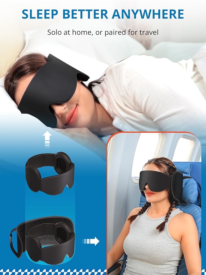 SARISUN Travel Pillow for Airplanes, Upgraded Airplane Pillow with 3D Eye Mask and Ear Cover for Long Flight, 360° Support Sleep Head Hold, Flight Essentials Plane Headrest, Stop Bobblehead, Black