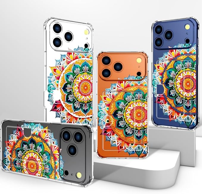 Compatible with iPhone 17 Pro Case Card Holder for Women Cute Design,Wallet Phone Cases Transparent Cool Kawaii Protective (Clear Mandala Henna Flower)