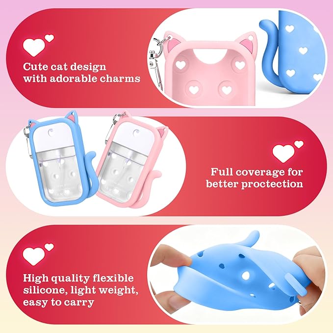 Juome 2 Pack Valentines Silicone Case for Touchland Hand Sanitizer Spray with Keychain & Charms, Cat Protective Holder Compatible with Touch Land Mist Case 1FL. OZ, Valentines Day Gifts for Her/Him