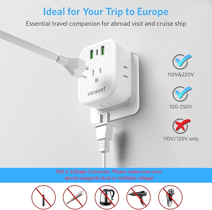 European Travel Plug Adapter, International Power Plug Adapter with USB C 20W 4 Outlets 3 Fast Charge Ports (PD&QC), Type C Plug Adapter Travel Essentials to Most of Europe Spain Italy France Germany