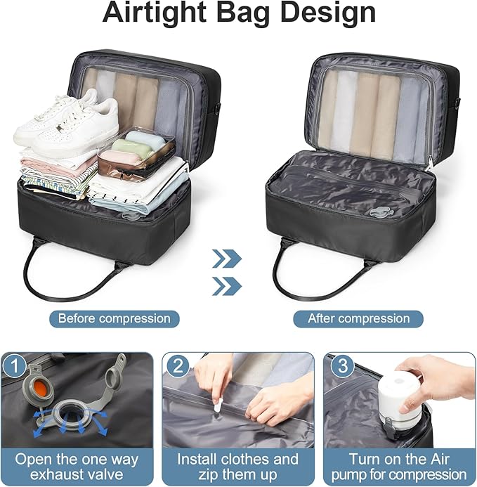 Vacuum Travel Bag for Women with Air Pump, Personal Item Carry on Bags with Seal Compression Pocket for Airlines, Weekender Overnight Bag for Women with Toiletry Bag，Black