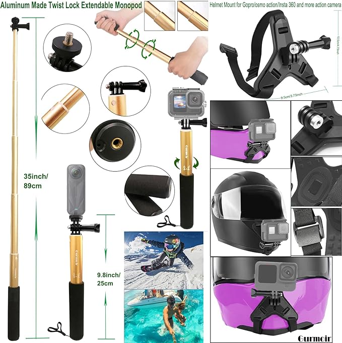 Gurmoir Accessory Kit for DJI Osmo Action 6/5 pro/4/Insta 360 X5 X4 /Go Pro Hero13 12/Gopro Max 2, Bike Mount/Hat Clip/Helmet Strap/Backpack Mount kit for Gopro/Osmo Action/Insta 360(DT18)