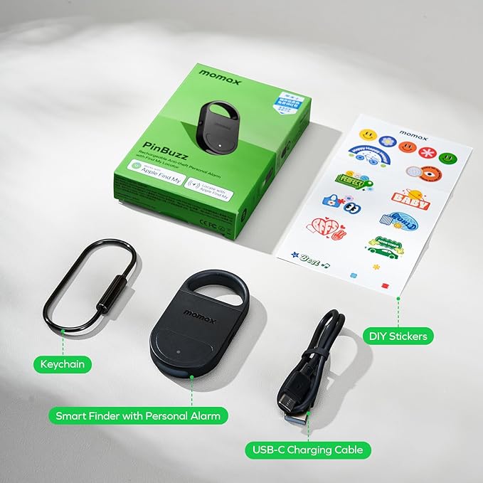 Momax Key Finder Tracker Tag – Smart Personal Alarm Rechargeable Tracking Device with SOS Alert & LED Strobe, Find My (iOS Only), Anti-Lost Tags with Keychain, Travel Gadget for Women, Girls, Black