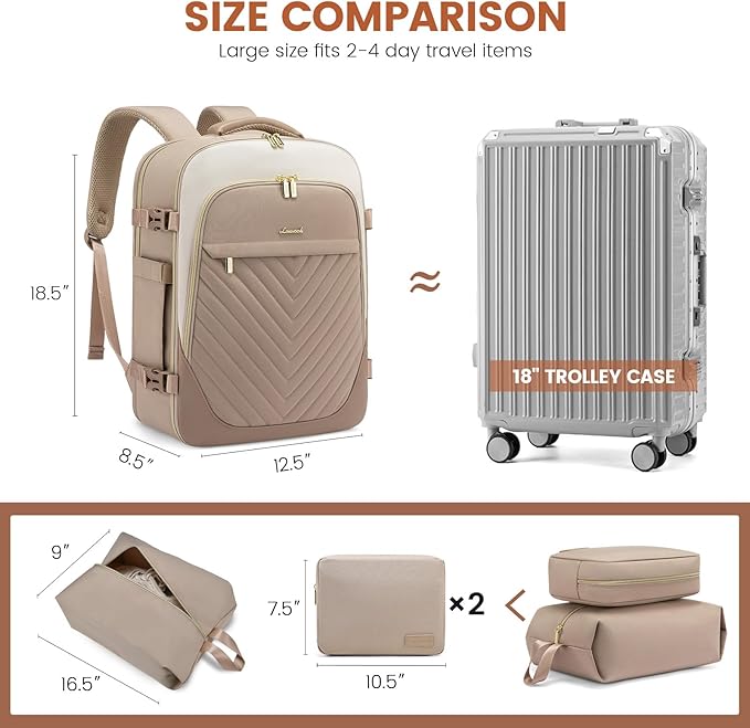 LOVEVOOK Travel Backpack for Women, TSA Approved Carry On Backpack with 2 Packing Cubes, Personal Item Backpack Fits 17 Inch Laptop, Weekender Water-resistant Daypack, Khaki-beige
