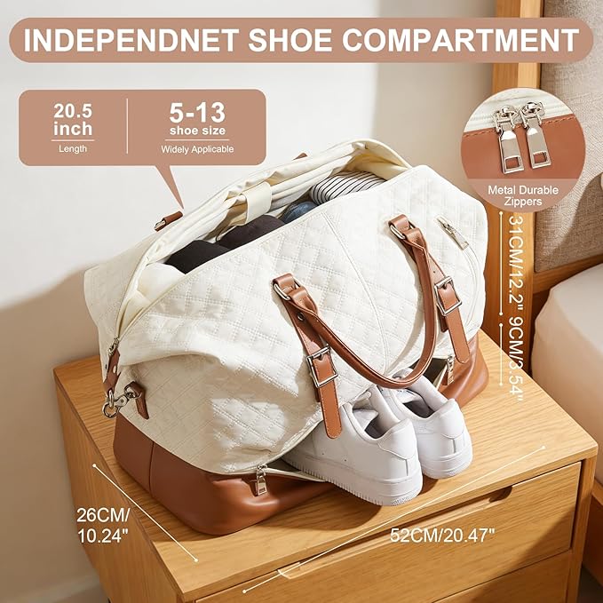 Travel Duffel Bag, Weekender Overnight Bag for Women with Trolley Sleeve, Carry On Bag for Airplanes Sport Tote Gym Bag with Shoes Compartment.(Beige)