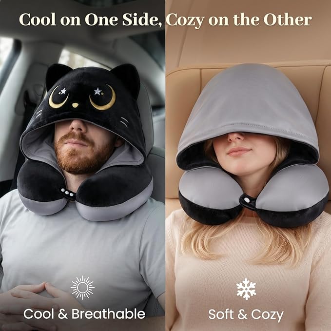 Mewaii Travel Neck Pillow with Hood for Airplanes,Memory Foam,Breathable Ice Silk & Soft Velvet,Double-Sided,Removable to Clean,Adjustable Strap,Portable Travel Pillow for Long Flights Adults & Teens