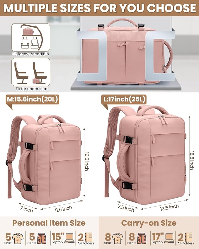 Pritent Travel Backpack for Women Man, Waterproof Laptop Backpack Travel Bag Airline Approved Carry on Weekender Overnight Bag Bookbag for Business,Travel, Work Fits 17.3 inch Laptop(Large,Pink)