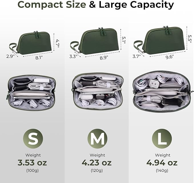 FYY Travel Cable Organizer - 8 Compartments Lightweight Water Resistant Tech Pouch with Wrist Strap, Portable Electronic Accessories Case for Cord Charger Storage for Travel Home Office, Green (Small)