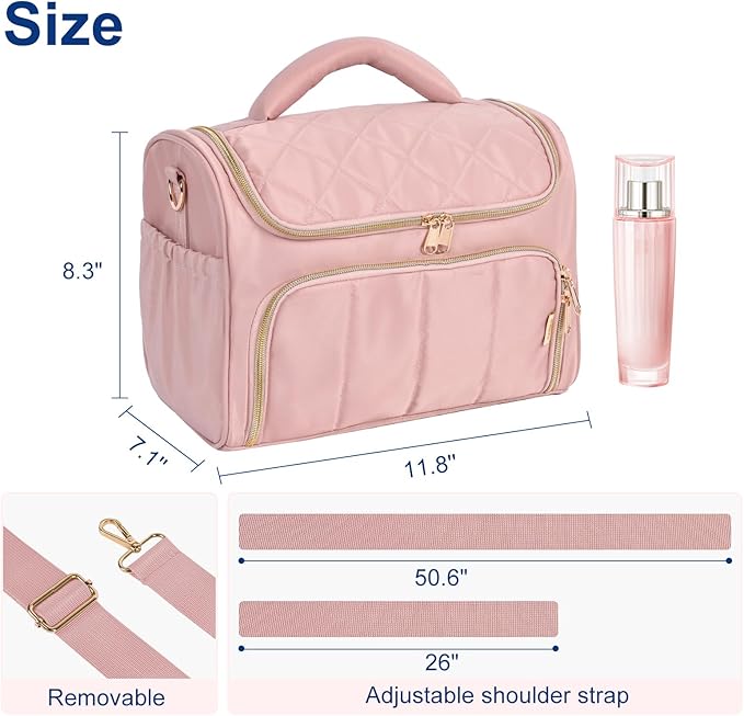 GR69N Travel Toiletry Bag Large Cosmetic Makeup Bag Organizer for Women,Wide-open Make Up Bag Waterproof Makeup Case Travel Bag with Handle and Dividers for Toiletries,Essentials,Accessories,Dark Pink
