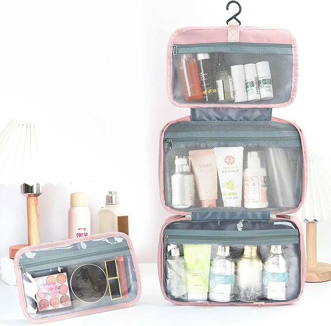 Toiletry Bag for Women Chenille Letter Makeup Bag Water-resistant Cosmetic Bag Travel Bag with Hanging Hook Preppy for Store Toiletries Cosmetic Accessories Medium Light Pink