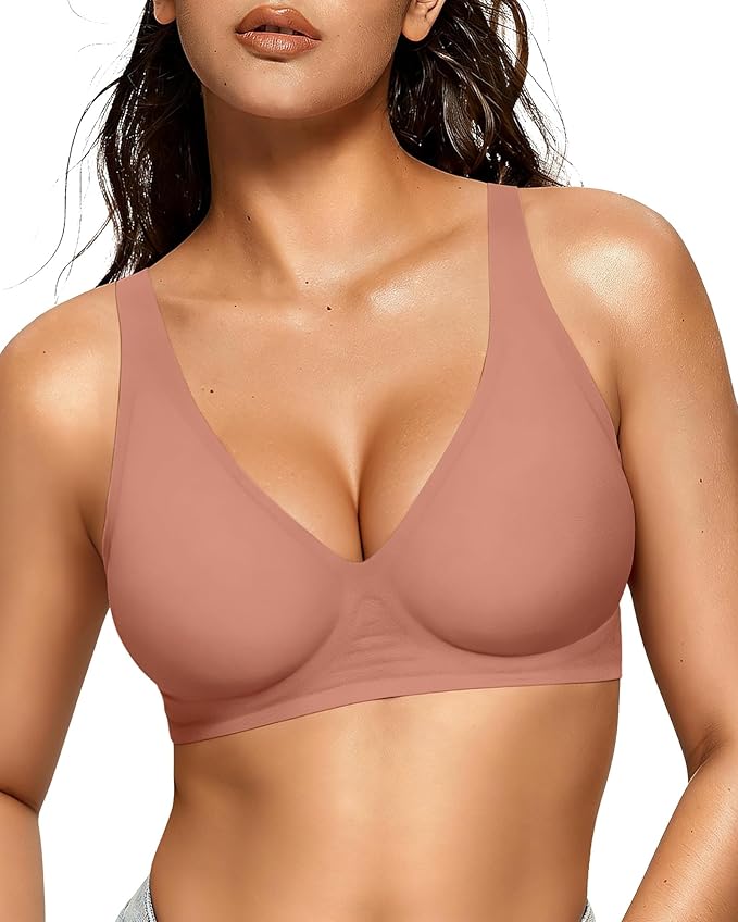 OEAK Womens Deep V Bras Wireless Comfortable Bra Supportive No Underwire Bras Tshirt Push Up Bralettes Plunge Seamless Bra