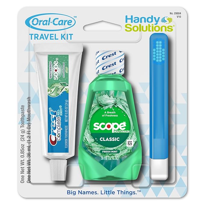 Handy Solutions Oral Care 3-Piece Travel Size Set w/Mouthwash, Toothpaste, & Folding Toothbrush (Pack of 6), TSA Approved