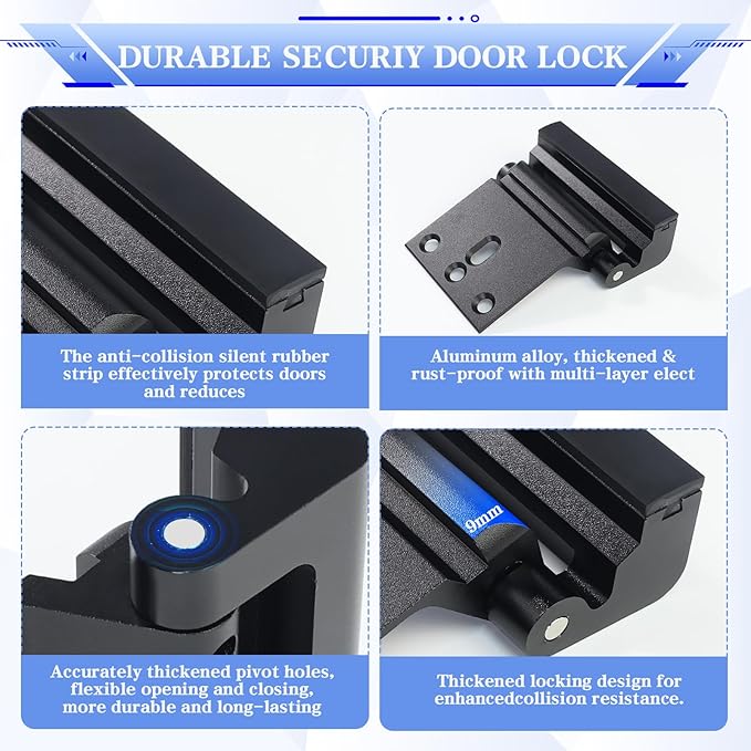 Child Safe Door Reinforcement Lock 2 Pack, 800lbs Heavy Duty Aluminum Inward Door Security Lock, 3 Inch Stop with Protective Silicone Strips for Extra Kids Safety(Black)