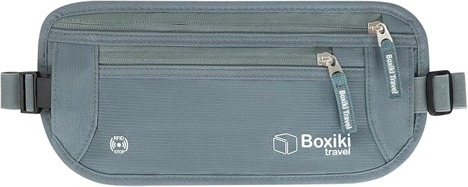 Boxiki Travel, Gray Money Belt + RFID Sleeves Set of 8 Pcs | RFID Blocking Secure Waist Bag, Credit Card Holders & Passport Holders for Men and Women | Keep Your Travel Essentials in Reach
