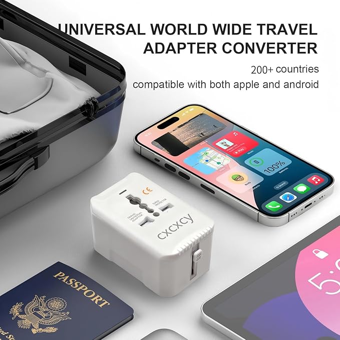 20W PD Fast Charging Universal Travel Adapter, 3-in-1 with 1 Type-C & 1 USB-A Ports, European Plug, International Power Adapter for US/JP/EU/UK/AUS/CHN, Worldwide Travel Essentials White
