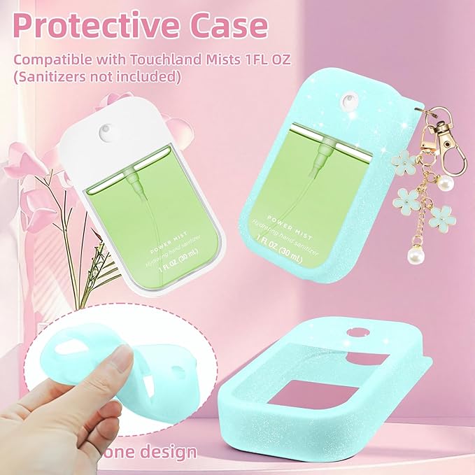 Silicone Case Compatible with Touchland Hand Sanitizer Spray Mist 1 oz with Flower keychain