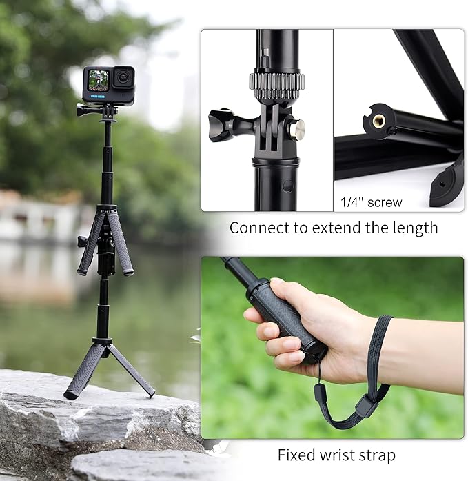 Mini Selfie Stick Tripod for GoPro Hero 13 12 11 10 9 8, Portable Handle Grip Action Camera Selfie Stick for DJI Osmo Action 6/5 Pro/4/AKASO Brave EK7000, Extension Pole Tripod for GoPro Max