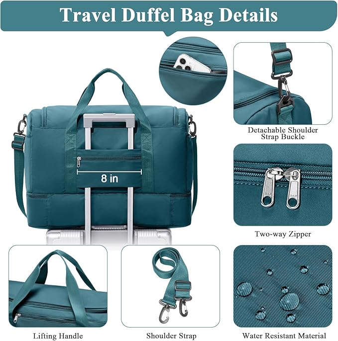 Travel Duffel Bag for Women, Carry-on Overnight Weekender Bags with Wet Pocket, For Spirit Airlines 18x14x8 Personal Item Bag,Small,Peacock Blue