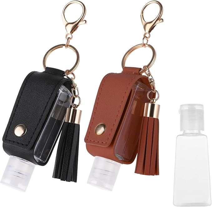 Molain 2 Pcs Hand Sanitizer Keychain 30ml Portable Leather Hand Sanitizer Holder Leakproof Empty Bottles Hand Sanitizer Travel Holder Bottle Refillable for Lotion Liquid Soap Shampoo(Brown,Black)
