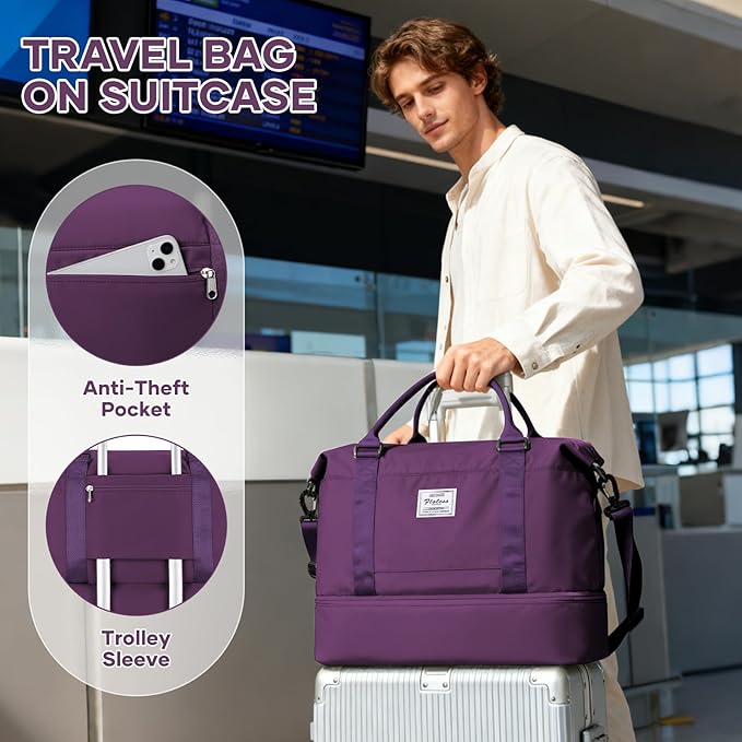 Travel Duffel Bag, 18x14x8 Inches Travel Bag Spirit with Shoes Compartment, Weekender Overnight Bag for Women with Trolley Sleeve, Carry On Bag for Airplanes Sport Tote Gym Bag DeepPurple