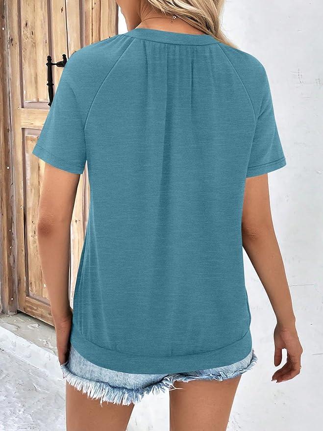AUTOMET Womens Tops Short Sleeve V Neck T Shirts 2026 Summer Spring Beach Vacation Clothes Casual Loose Ruched Top
