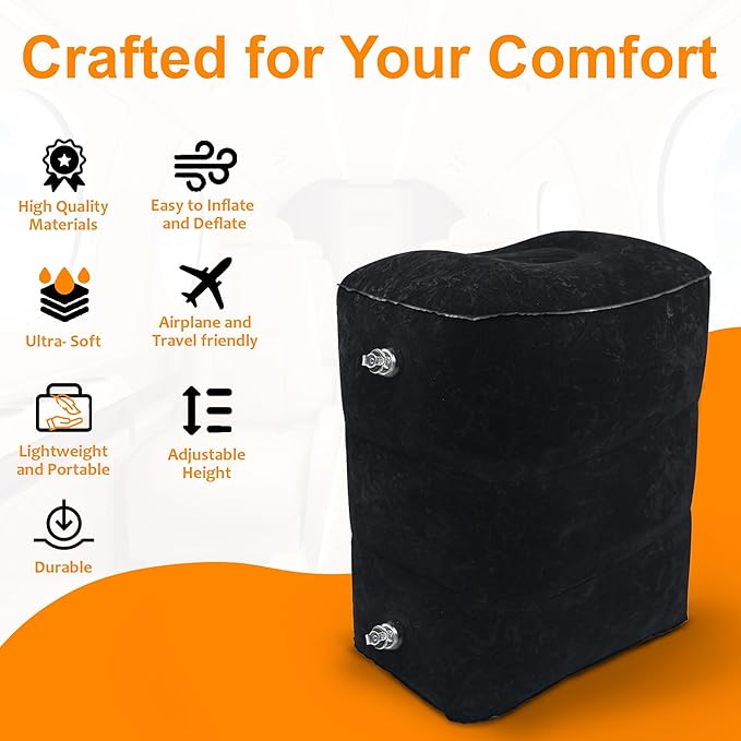 Inflatable Foot Rest Pillow for Airplane Travel - Adjustable Leg Rest for Long Flights, Baby/Toddler Airplane Seat Extender - Black