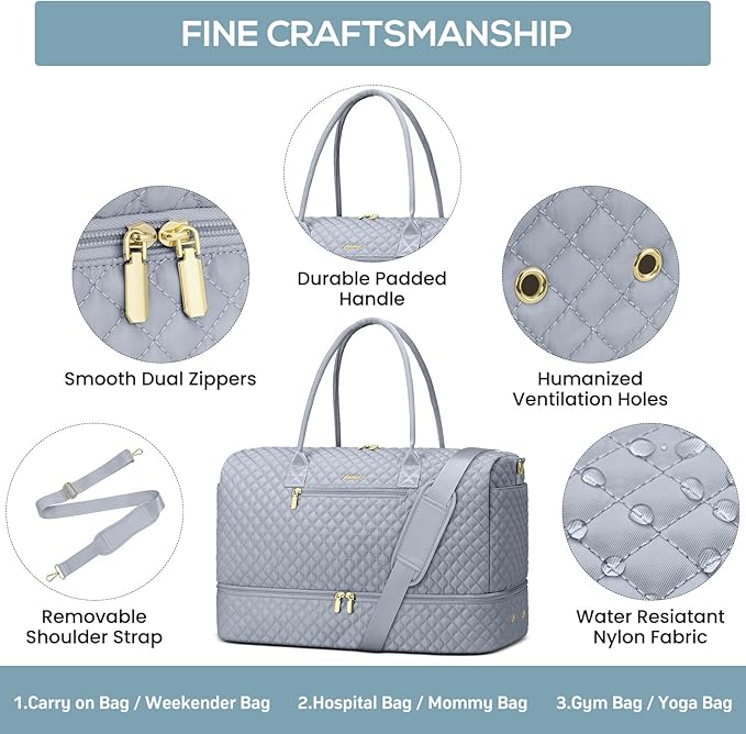 Travel Bag Weekender Bags for Women - Carry on Overnight Bag with Shoe Compartment Duffle Bag with Laptop Pocket Hospital Bag Grey