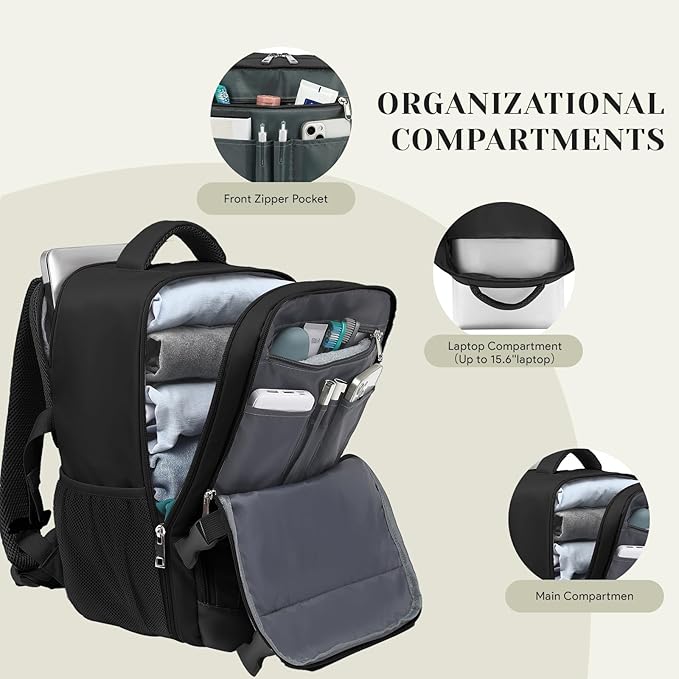 Travel Backpack, Carry On Backpack Personal Item Travel Bag, Backpack for Women and Men, 18x14x8 inches Airline Approved Travel Bag 30L, Water Resistant Casual Backpack Fits 15.6''Laptop, Black