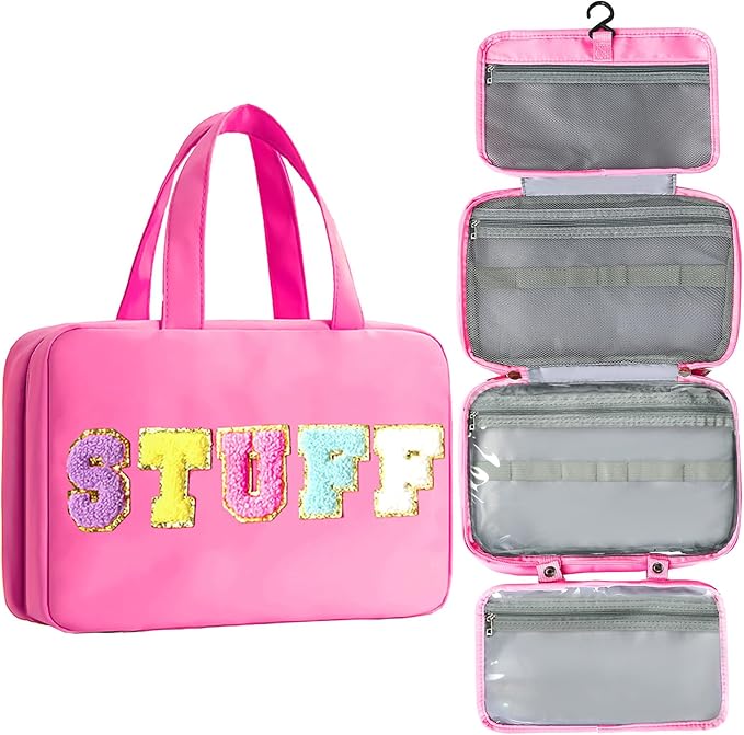 Toiletry Bag with Hanging Hook Chenille Letter Cosmetic Bag Spacious Travel Bag Water-resistant Makeup Bag for Store Toiletries Cosmetic Accessories and Sets for Women Rose Red