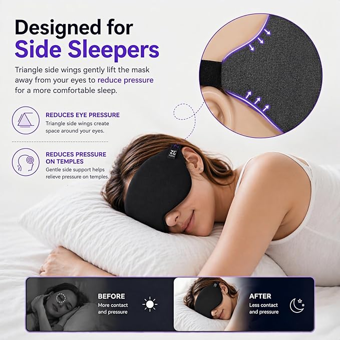 Cool-Touch Cotton Eye Sleep Mask for Men & Women, Soft & Breathable, Pressure-Free Design for Side Sleepers, Adjustable Light Blocking Mask for Sleeping, Travel & Naps (Black)