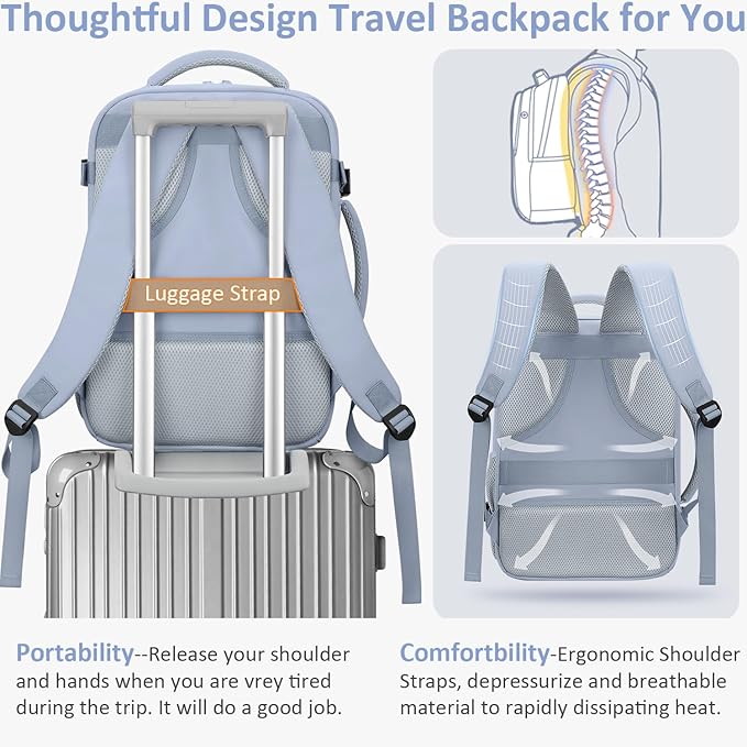 Tenot Carry on Backpack for Women TSA Approved 15.6 Inch Travel Laptop Backpack for Women Travel Essentials Foldable Womens Travel Backpack Suitcase Blue