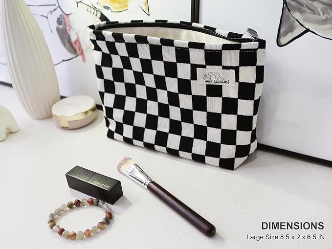 HAPPYHEIDI Women Checkered Corduroy Makeup Bag Cosmetic Pouch Purse Organiser, Canvas Lining, Cute Black White