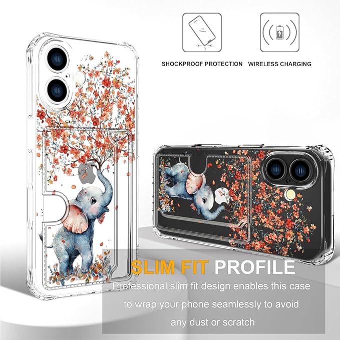 Compatible with iPhone 17 Case Card Holder for Women Cute Design,Wallet Phone Cases Transparent Cool Kawaii Protective (Clear Elephant Creating Flowers)