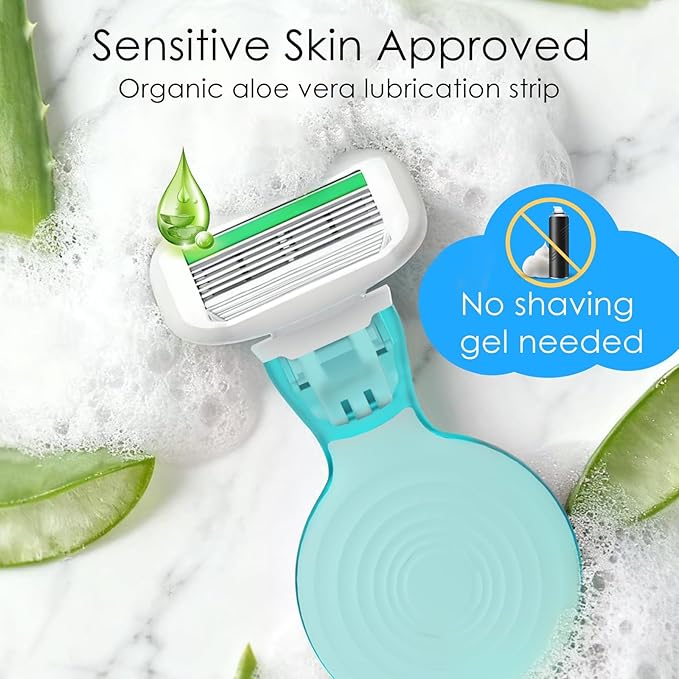 Travel Essentials Razors for Women, 5-Blade Womens Razors for Shaving, Travel Size Toiletries Women Razor Kit, Includes 1 Mini Handle with 3 Refills & 1 Case, Extra Smooth Shave (Ocean Blue)
