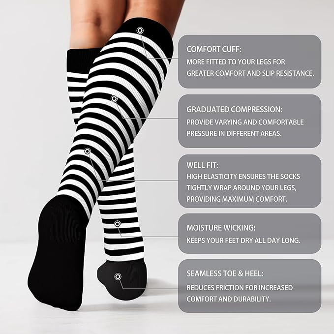LEVSOX Cotton Compression Socks for Women&Men 20-30mmHg Knee High Cute Support Sock for Nurses Pregnancy Travel