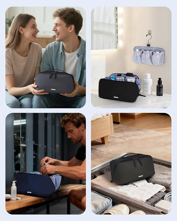 WANDF Toiletry Bag for Men, PU Leather Dopp Kit with Detachable Waterproof Hanging Pouch and Wet Pocket (Navy Blue)