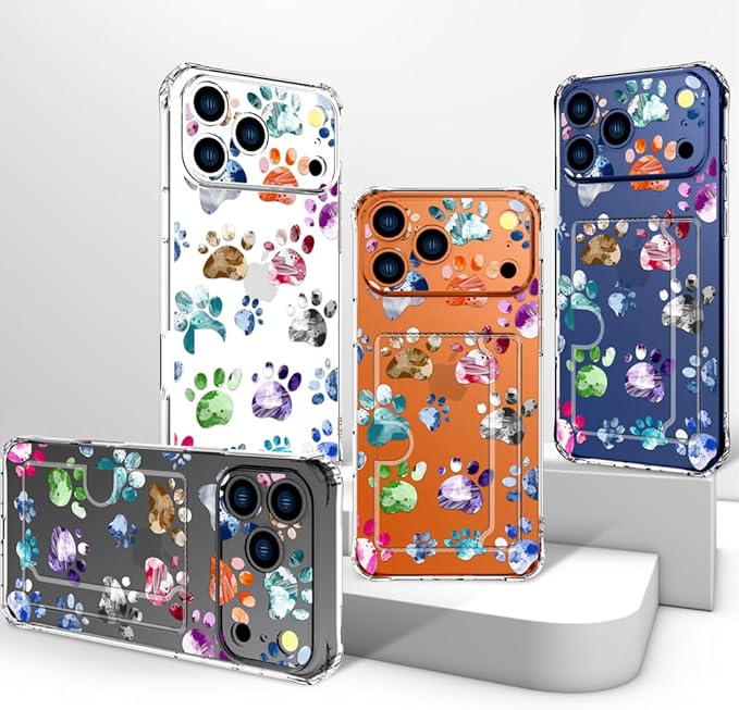Compatible with iPhone 17 Pro Max Case Card Holder for Women Cute Design,Wallet Phone Cases Transparent Cool Kawaii Protective (Clear Lovely Dogs Paws)