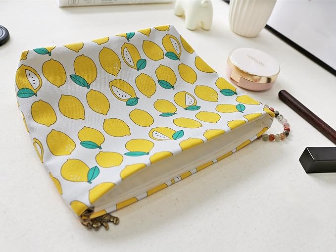 HAPPYHEIDI Canvas Makeup Bag, Cosmetic Travel Pouch, Cute Lemon, Cotton Blend, Fruit Pattern, Zipper Closure, 7.1x2.4x7 Inches