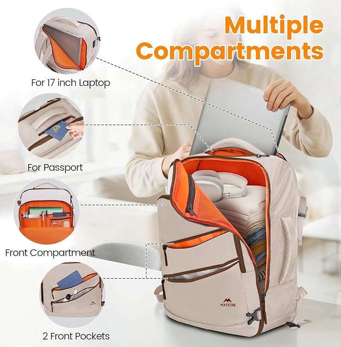 MATEIN Personal Item Travel Backpack for Women, Lightweight Airplane Carry on Bag with Electronics Case, Water Resistant Overnight Backpack for Women with Shoe Compartment, Fits 17 inch Laptop