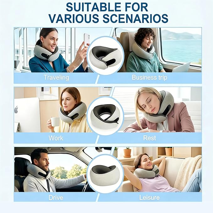 Travel Neck Pillow- 360° Ergonomic Memory Foam Travel Neck Pillow Airplane,Premium Breathable Relief Neck Pain for Long Flights,Car & Office (Gray)