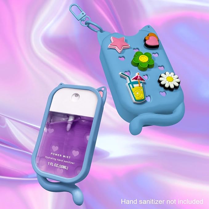 Cat Silicone Case with Keychain & Charms for Touchland Hand Sanitizer Spray, Protective Holder Compatible with Power Mist & Glow Mist 1 FL Oz/30ML