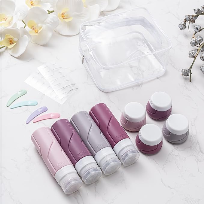Travel Bottles for Toiletries 15 Pack, TSA Approved Travel Size Containers 3oz, LeakProof Silicone Squeezable Creams Jars, Refillable Toiletry Bottles for Shampoo, Conditioner (Cranberry)